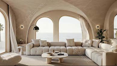 Serene Modern Living Room Overlooking Ocean with Arched Details