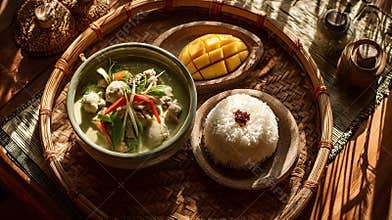 Culinary experience with this stunning Thai green curry featuring chicken, eggplant, and jasmine rice in elegant bowls