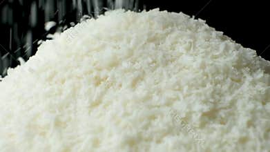 Pile of coconut flakes pour macro slow motion