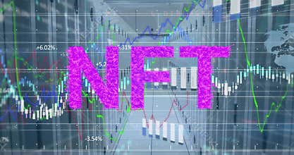 Animation of nft text, financial data processing over servers background