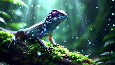 Vivid blue poison dart frog perched on lush moss amid sunbeams in a rainforest