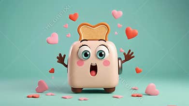 Adorable 3D Animated Toaster Character Popping Heart Toast with Floating Hearts and Sparkles