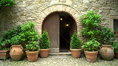 Charming stone-arched doorway framed by lush potted shrubs and clay pots