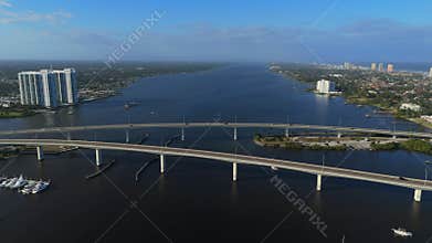 Aerial drone view of wide river with bridges near Daytona Beach Florida