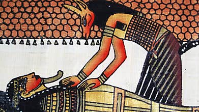 Ancient Egyptian mummification scene on papyrus, priest performing ritual on mummy, hieratic art, funeral ceremony, religious