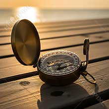 Antique brass pocket compass resting open on weathered wooden pier planks bathed in warm golden hour sunset light over calm water