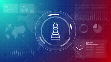 Bishop chess piece animation with global market data and financial charts for strategic management and corporate planning visual