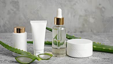 Aloe Vera Leaves with White Cosmetic Bottles on Gray Concrete Background