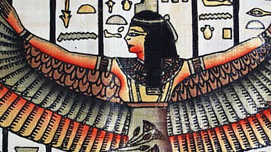 Egyptian goddess Isis with outstretched wings on papyrus, hieroglyphs, ancient Egyptian art, colorful traditional painting