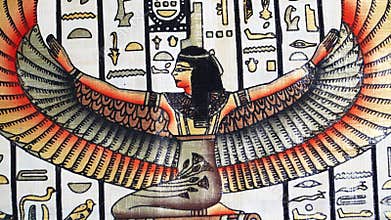Egyptian goddess Isis with outstretched wings on papyrus, hieroglyphs, ancient Egyptian art, colorful traditional painting