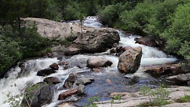 Mountain Stream Cascading and Flowing Around a Large Boulder