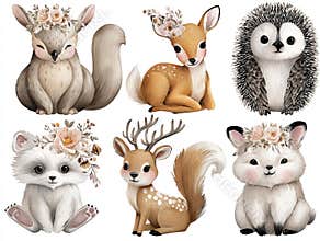 Stylized animal clipart set featuring whimsical deer and hedgehogs with floral elements on a white background Detailed