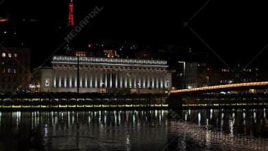 Panoramic night view of Palais de Justice and Fourviere in Lyon