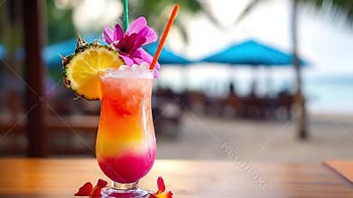 Exotic cocktail placed on beach restaurant table. Generative AI