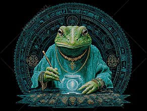 A humanoid frog seer, dressed in a teal cloak with amulets and symbols, is engaged in magical activities at a round table The