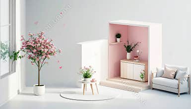 Minimalist Interior with Cherry Blossom Tree and Modern Furniture