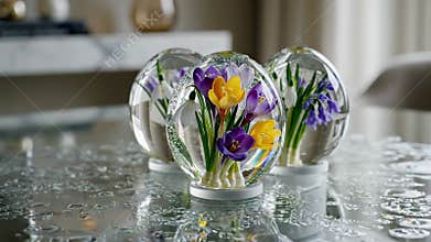 Spring Flowers Encapsulated in Glass Egg Shaped Ornaments