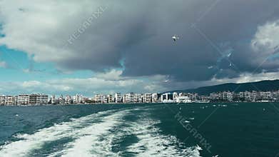 Seagulls following a ferry in Izmir Turkiye