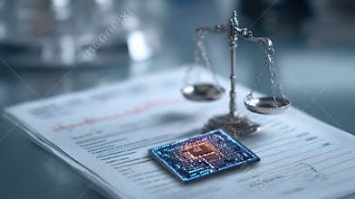 Ethical Dilemma in Code Shows Brain Balanced Against Microchip With Medical Charts in the Background for Bioethics and