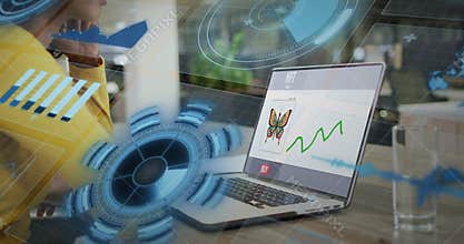 Viewing laptop with NFT butterfly, green-chart, Buy-button at cafe, yellow-jacketed woman, HUD