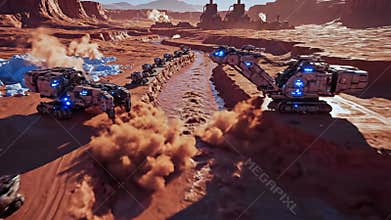 Mining convoy transports blue crystals across desert canyon, heavy rigs kick
