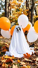 Cat in Ghost Costume with Balloons in Autumn Forest