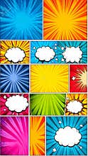 Comic book page layout with colorful burst backgrounds and speech bubbles
