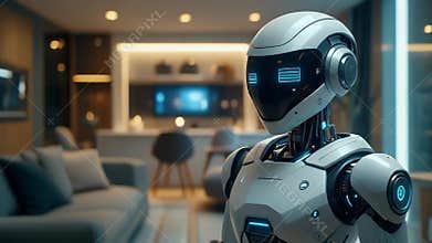 Advanced humanoid robot monitors a smart home environment, seamlessly integrating into modern domestic life, providing assistance
