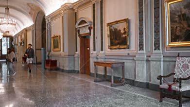 Ornate museum space with paintings and marble floors rendered in soft defocused bokeh background for ambient mood; background