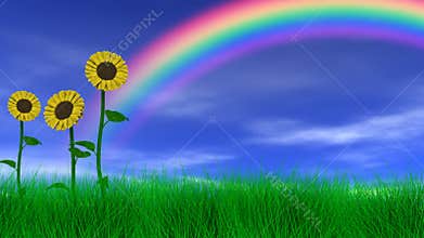 Sunflowers Under a Rainbow
