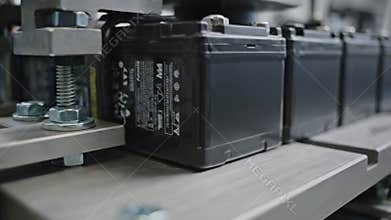 Close Up of Vibration Test Platform Simulating Transportation Impact Testing Black Batteries Connected with Screws