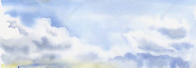 Wide sunny cloudscape with airy sky and layered soft clouds in pale blue tones. Illustration hand drawn in watercolor