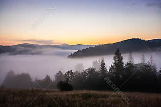 Fog and cloud mountain valley landscape,