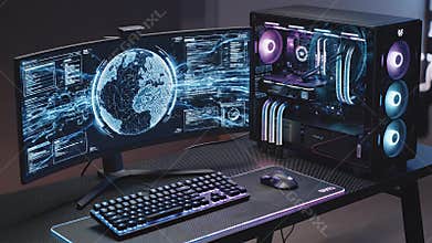 High End Desktop Gaming Setup with Dual Monitors, RGB PC Tower, and Mechanical Keyboard