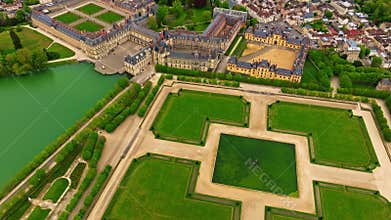 Aerial view of Castle Fontainebleau with symmetrical gardens, Castle Fontainebleau, Paris, France