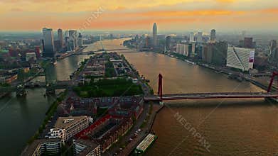 Aerial view of the city of Rotterdam, one of the largest ports in Europe. Panorama of the city with modern architecture