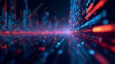 Futuristic Network Hub with Vibrant Blue and Red Lights in an Abstract