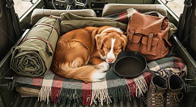 Sleeping Toller Dog Resting on Camping Gear in a Jeep Trunk