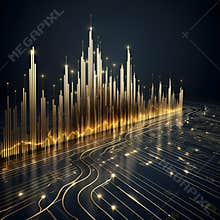 Visual representation of data analysis with golden bars and circuit patterns at night