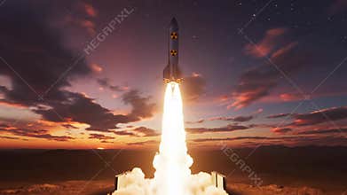 Ballistic missile taking off from a silo against a dramatic sunset, tactical nuclear weapon concept, military escalation, global