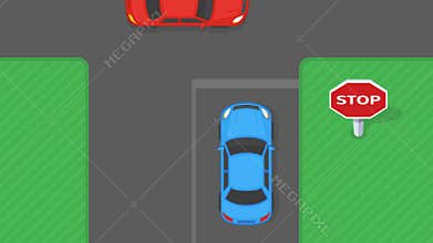 Traffic flow at intersection. Stop at \"Stop\" sign before turn or proceeding directly in a forward direction.
