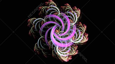 Curved abstract colorful stripes and lines combination pattern rotate on black.