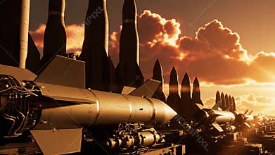 Missile Silo with Nuclear Warheads and Bombs at Sunset