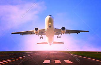 Passenger jet plane flying from airport runway use for traveling and cargo , freight industry topic