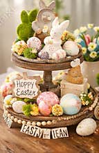 Easter decor tray with some colorful eggs and bunnies