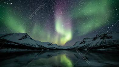 Aurora starry sky scene in mountain lakes,Generative AI