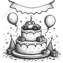 Handdrawn birthday cake illustration with car toy. Festive elements include balloons gifts confetti banner, party hats.