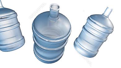 A 3d animation of row of clear, light blue plastic water jugs