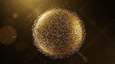 Golden Glowing Particle Ball Rotates Against a Dark Background