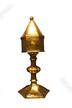 Unique golden lantern designed with intricate patterns and a conical top displayed on a white background